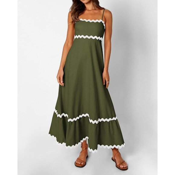 Women Spaghetti Straps Sleeveless Square Neck Smocked Rickrack Trim Maxi Dress - Picture 7 of 8